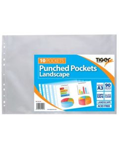 Tiger Multi Punched Pocket Polypropylene A3 90 Micron Top Opening Landscape Clear (Pack 10) - 301245